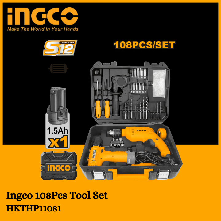 Inco Tool INGCO 108PCS Tools Set with Cordless Drill, Corded Impact Drill ...