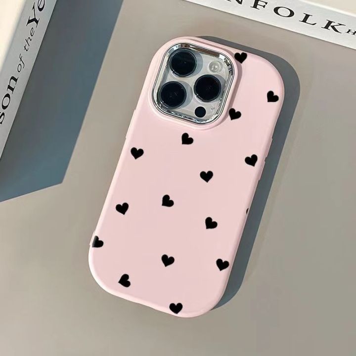 Full Screen Little Black Heart Cover Compatible for IPhone 15 11 14 13 12 Pro Max 7Plus XR XS Max X 7 8 Plus SE Plating Metal Lens Case