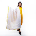 Karvi Yellow & Purple Geometric Print Malmal Khasto Shawl Pure Cotton Made in Nepal. 