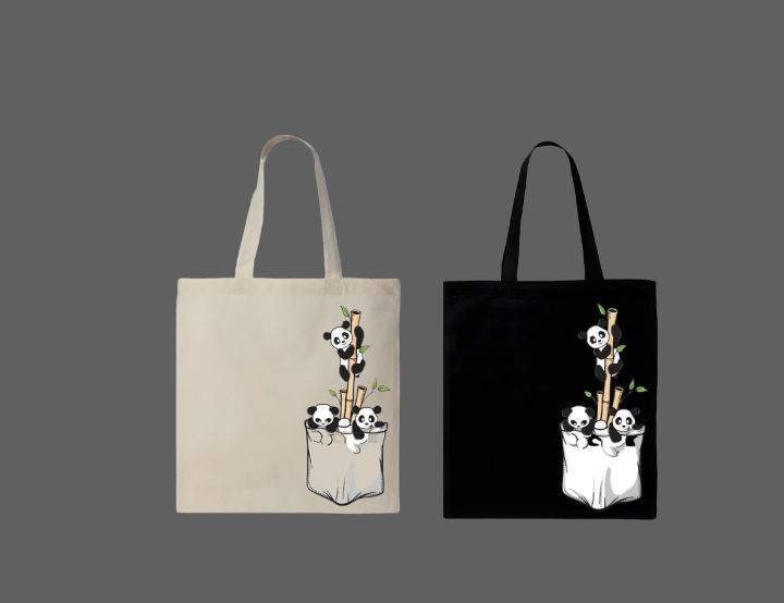 Panda Bamboo Printed Cotton Tote Bag – Black &  White
