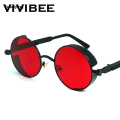Sutuiying VIVIBEE Vintage Steampunk Red Sunglasses Men Round Punk Alloy Metal Fifty percent discount Retro Sun Glasses Women 2025 Goggles Gothic Style Shades. 