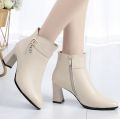 Fashion Ankle Boots Women's Black Pointed Toe High Heels Autumn and Winter Chunky Heels Rhinestone Leather Boots Bota Feminina. 