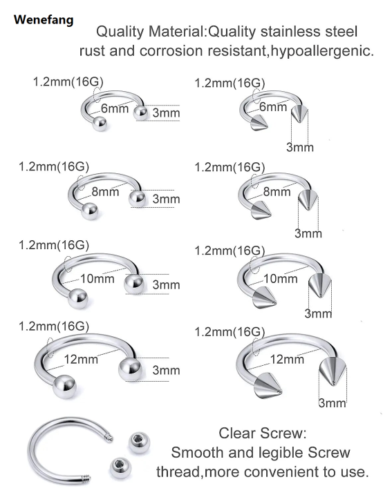 Wenefang%201PCS%2016G%20Surgical%20Steel%20Nose%20Septum%20Horseshoe%20Hoop%20Earring%20Eyebrow%20Tragus%20Lip%20Piercing%20Ring%20Balls%20Spikes%206-12mm%20-%20Image%203