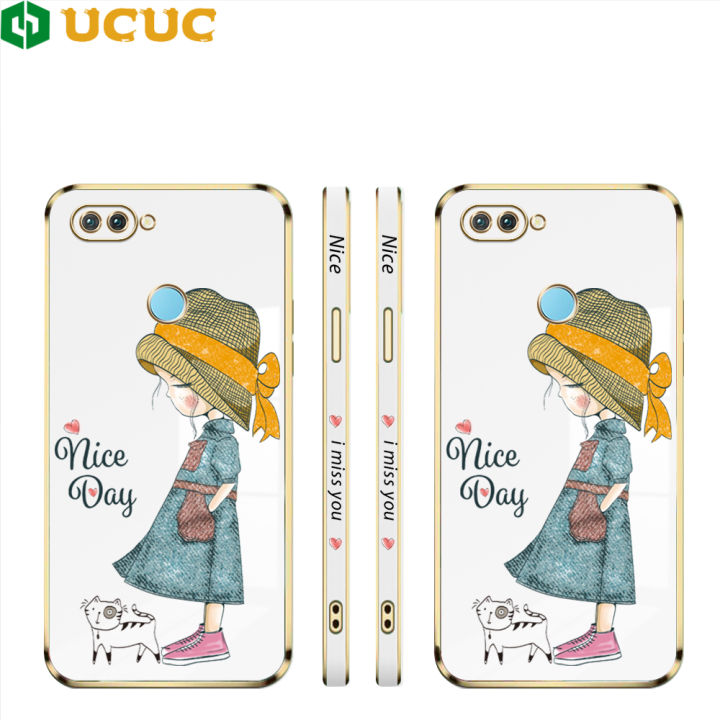 UCUC for Realme 2 Pro / U1 / OPPO F9 F9 Pro Back Cover + Free Lanyard Nice Girl Luxury 6D Plating Soft Silicone Phone Case