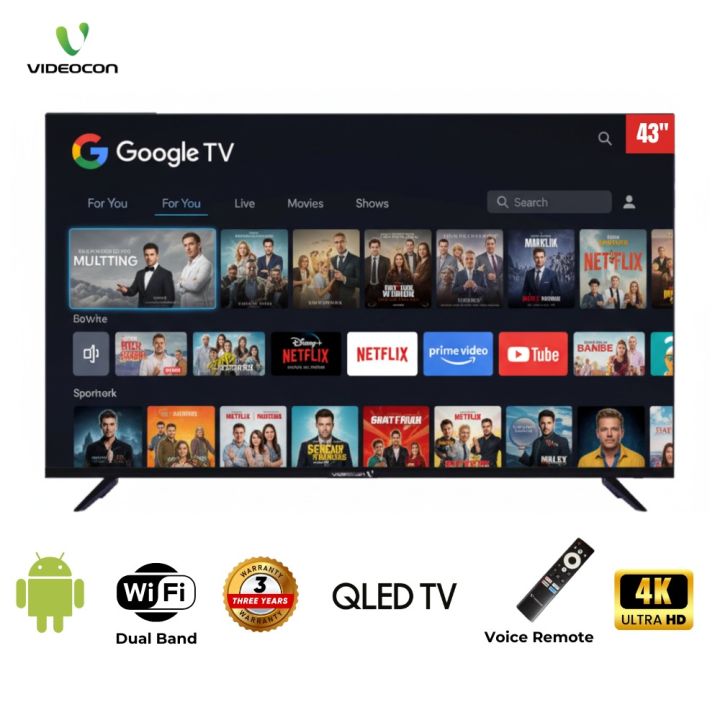 Videocon 43″ Google TV Smart 4K Ultra HD QLED LED TV with Voice Remote ...