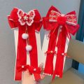 Sweet Red Bow Ribbon Hair Clip Tassel Ribbon New Year Hairpin Plush Pompom Hanfu Hair Ornamen Children's Headwear. 