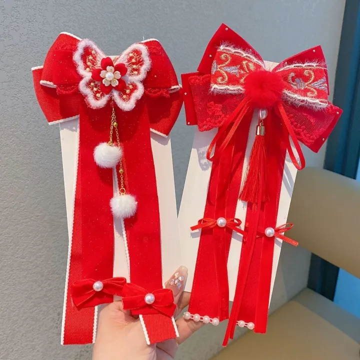 Sweet%20Red%20Bow%20Ribbon%20Hair%20Clip%20Tassel%20Ribbon%20New%20Year%20Hairpin%20Plush%20Pompom%20Hanfu%20Hair%20Ornamen%20Children's%20Headwear%20-%20Image%206