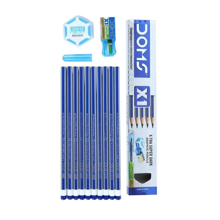 Doms X1 X-Tra Super Dark Pencils 1 Pack - 10 Pencils - 1 Eraser + 1 Sharpner + 1 Protection Cap Free