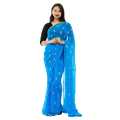 Sky Blue Chiffon Floral Embroidered Golden Border Design Saree For Women. 