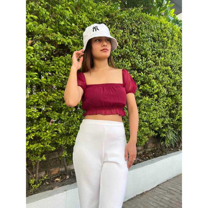 Maroon Colored Chiffon Summer Crop Top / Tshirt For Women - Multisize | Fashion | Summer Tops For Women