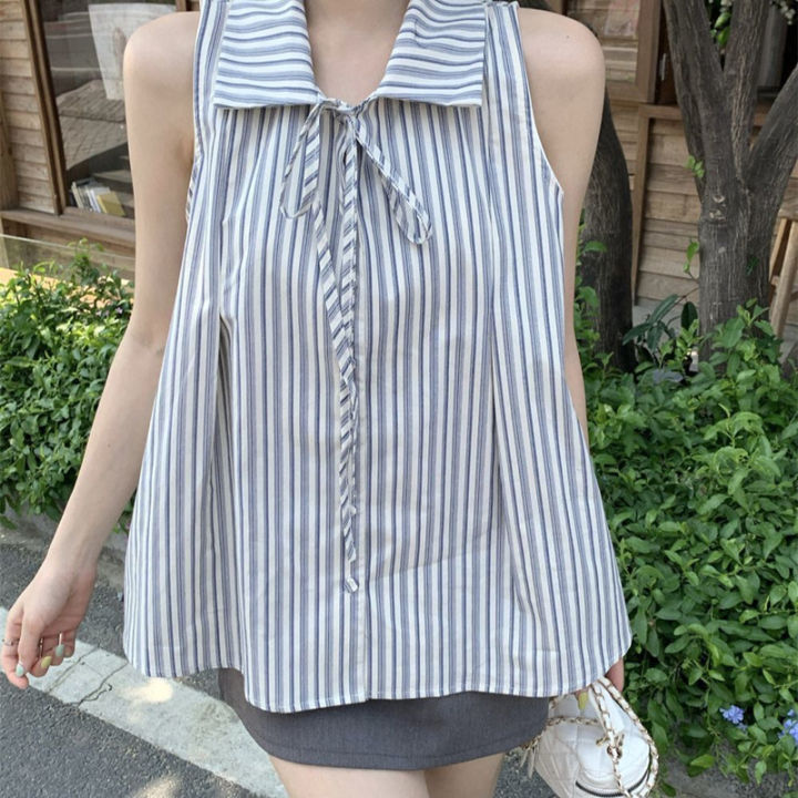 New%20Striped%20Bow%20Shirt%20For%20Women%20Summer%20Fashion%20Sleeveless%20Top%20Slimming%20Vest%20Casual%20Style%20Korean%20Version%20Shirts%20-%20Image%206