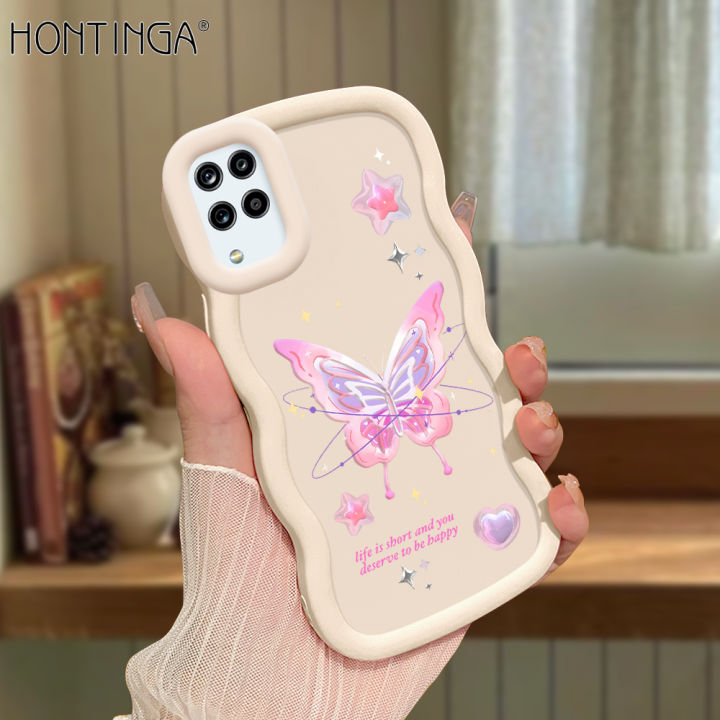 Hontinga for Samsung Galaxy A12 A12 5G M12 Back Cover Pink Butterfly Pattern Luxury Soft Silicone Macaron Wave Mobile Case