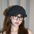 Casual Cotton and Linen Striped Berets Y2k Japanese Octagonal Hat British Cap Short Brim Painter Caps Daily. 