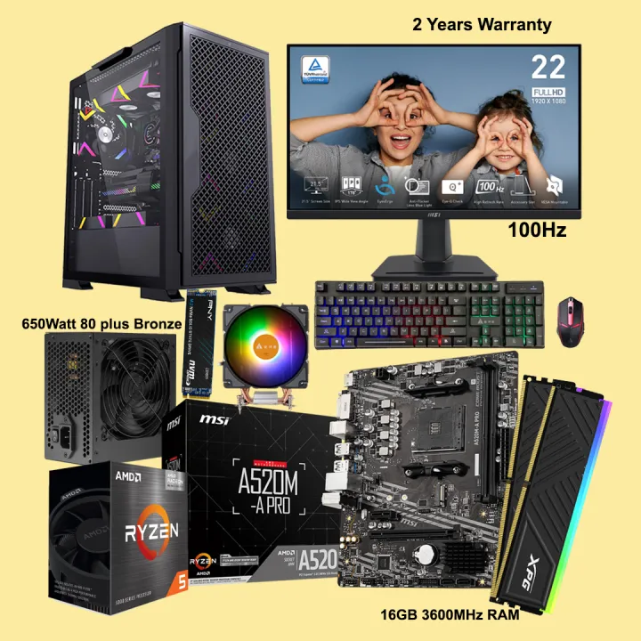Gaming%20Desktop%20with%20MSI%2022''%20Inch%20IPS%20panel%20100Hz%20Monitor%20%7C%20AMD%20Ryzen%205%205600G%20with%20Radeon%20Vega%207%20Graphics%20%7C%2016GB%20DDR4%203600MHz%20RAM%20%20%7C%20256GB%20SSD%20%7C%20650W%2080%20plus%20Bronze%20SMPS%20%7C%20RGB%20Mouse%20&%20Keyboard%20%20%7C%20Gaming%20Pc%20-%20Image%202
