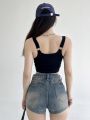 Korean Chic Letter Print Short Design Light Padded Tank Top Camisole. 