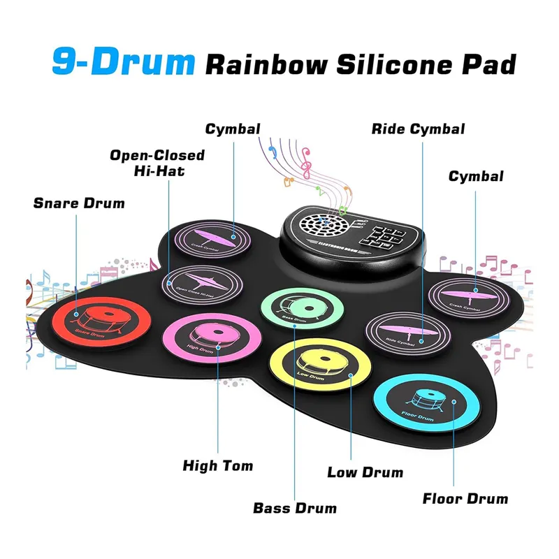 Hand Roll Drum Set,9 Drum Pad with Headphone Jack,Electronic Drum