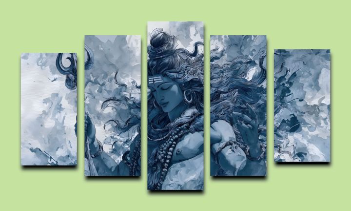 Lord Shiva Meditating Art | Blue Canvas Print- 5 Piece