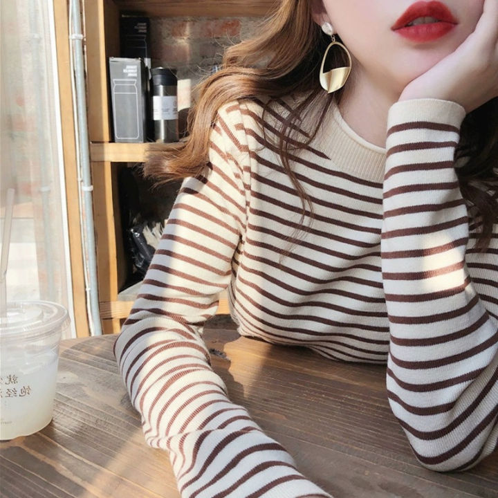 Half-turtleneck Striped Sweater Women's 2022 Spring and Autumn New Loose Pullover Sweater All-match Korean-style Base Shirt Top