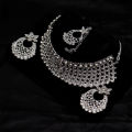 White Gold Plated AD Setting Floral Upper Hole Choker Set With Earring & Bindi. 