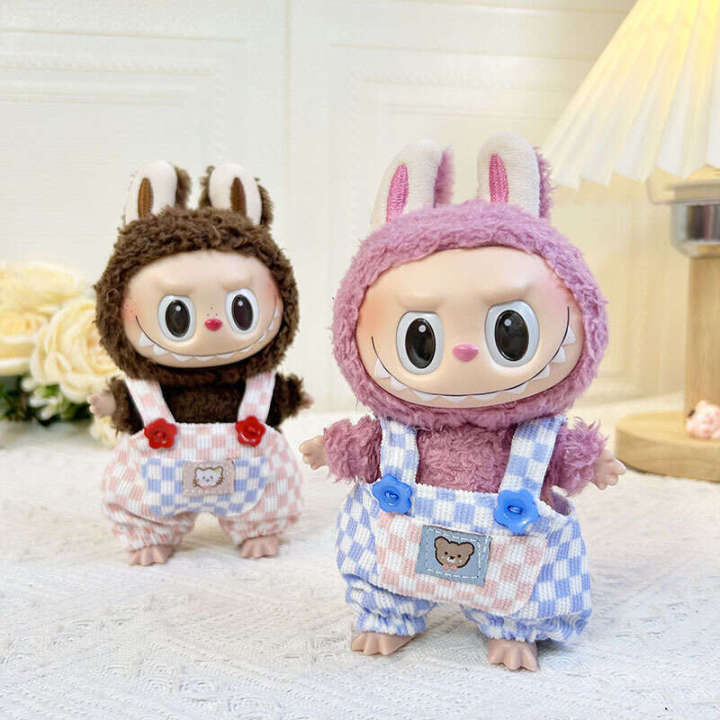 Clothing Only] 17cm Blind Box Doll Keychain Labubu Plush Toy Clothes Pink and White Plaid Overalls Cute