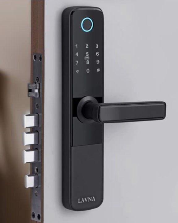 LAVNA LA24 Smart Door Lock with Bluetooth Mobile App, Fingerprint, RFID Card, PIN, OTP and Manual Key Access for Wooden Doors (Black)