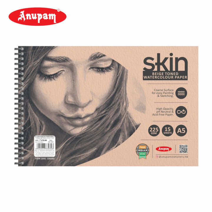 Anupam Libro Per Acquerelli Wireo A5 - Carta Pressata Freddo 225g/m², Tonalità Beige, 15 Fogli