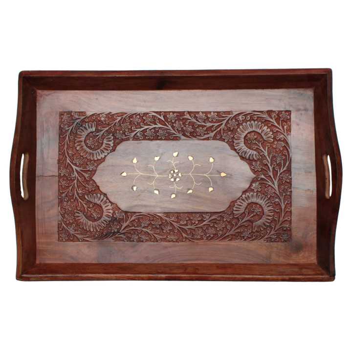 Brass Flower Design Wood Tray 19"