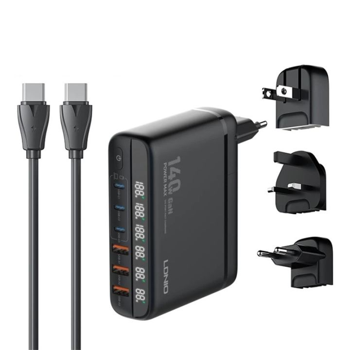 LDNIO A6140C 140W Fast charging 6 USB Ports LED Display GaN Charger Adapter