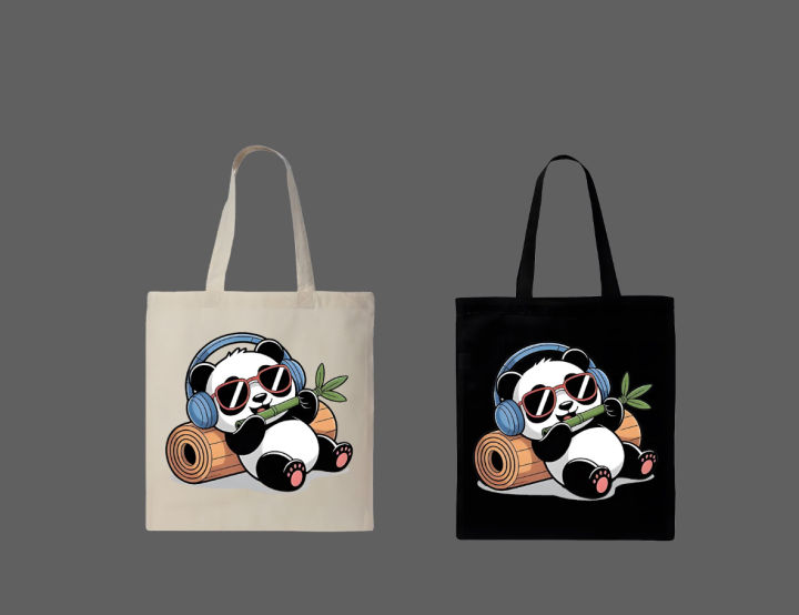 Cool Panda with Headphones Graphic Printed Tote Bag – Eco-Friendly Cotton Shoulder Shopping Bag-White, Black