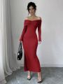 Off Shoulder Full Sleeve Long Dress For Women. 