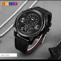 SKMEI 1653 Men’s World Time Dual Display Movement LED Electronic Multifunction Leather Strap Watch – Black. 