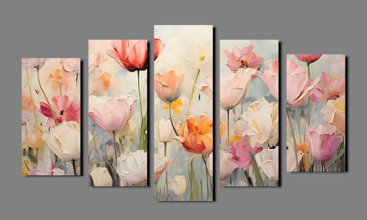 5-Piece%20Canvas%20Wall%20Art%20Set%20%E2%80%93%20Abstract%20Textured%20Floral%20Tulips%20&%20Poppies%20Print%20-%20Image%202