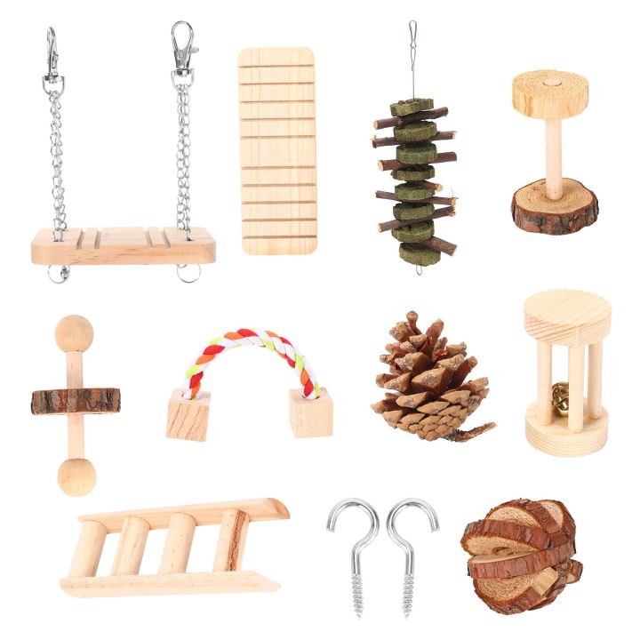 NAMUNY 10 Pcs Set Hamster Chew Toys Natural Wooden Gerbils Rats Chinchillas Toys Accessories Dumbbells Exercise Bell Roller Teeth Care Molar Toy For Guinea Pig Bunny Rabbits