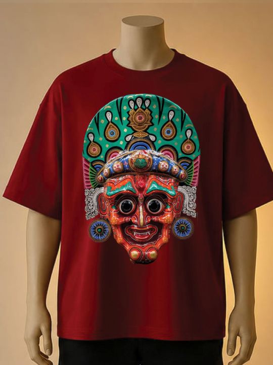 Traditional Lakhey Mask Maroon | Printed Graphic T-Shirt | Brown, Maroon, Cream