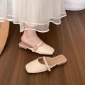 Fashion French Style Women's Half Slippers Lightweight Flat Bottom Women's Low Heels Slippers Soft Leather PVC Outsole Women's Shoes. 