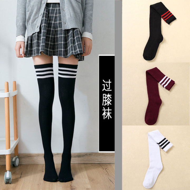 About 60cm Black White Red Striped Women Long Socks Thigh High Nylon Stockings Breathable Over Knee Girls