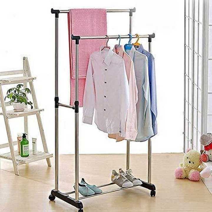 Double Pole Stainless Steel Cloth Drying Hanger And Organizer Rack