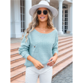Women'S Off Shoulder Sweaters Long Sleeve Drop Shoulder Waffle Knit Pullover Sweater Tops with Pockets Blue L. 