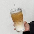 Portable 600ml Capacity Glass Tumbler With Lid and Straw Transparent Glasses Stripe Glass Cup Heat Resistant Reusable Coffee Mug for Juice Water and Iced Coffee Drinkware. 