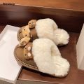 Wenefang Sanrio Hello Kitty Plush Slippers Autumn Wintercute Cartoon Fuzzy 2025 New Warm Comfy Women New Home Shoe Outdoor Antiskid Flat Slippers. 