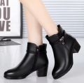 Fashion Ankle Boots Women's Black Round Toe High Heels Autumn and Winter Chunky Heels Rhinestone Leather Boots Bota Feminina. 