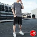 Casual suit men's summer new watermark personality bird pattern teen snow mountain short sleeve shorts two-piece set. 
