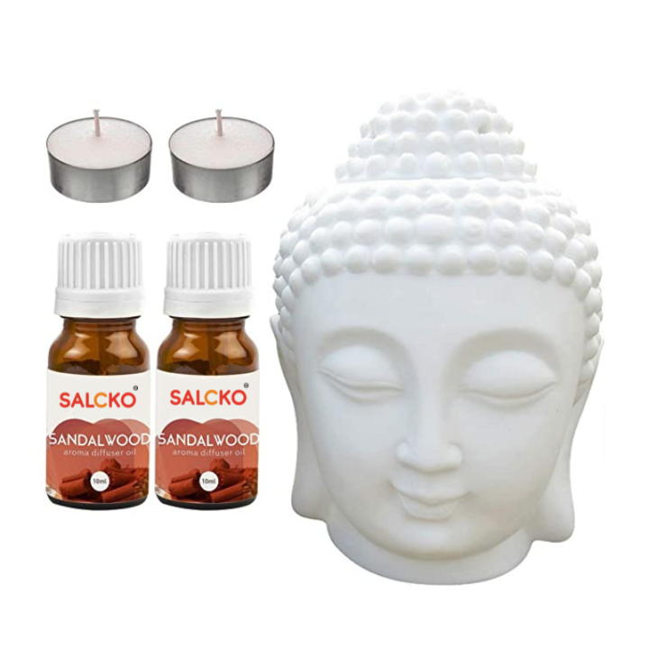 Salcko White Ceramic Buddha Aroma Diffuser With 2 Diffuser Oil Bottles And 2 Candles - Sandalwood