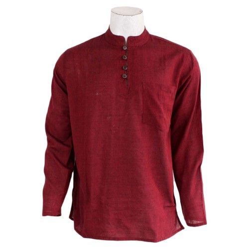 Red Solid Buttoned Cotton Kurta Shirt For Men