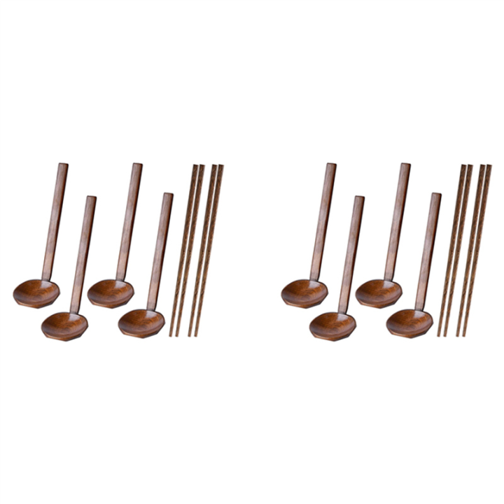 NAMUNY 8 Pieces Japanese Long Handle Large Spoon Ramen Spoon Wooden Hot Pot Spoon Tortoise Shell Spoon Wood Rice Soup Dessert