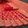 Woven Banarasi Silk Blend Saree (Red). 