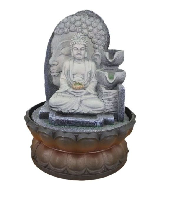 Lord Buddha 3 Steps Water Fountain with LED Lights and Water Pump (Brown, Stone Gray, 12" X 8" X 8")