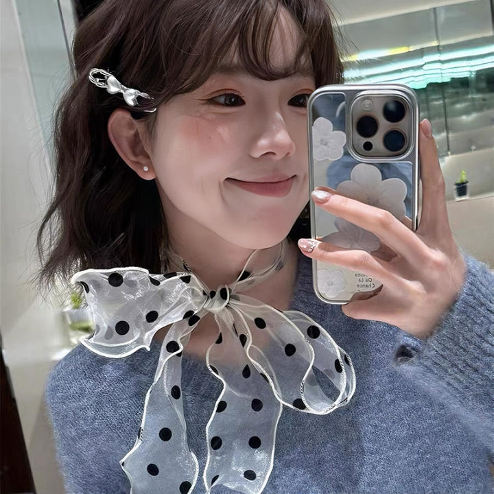 Fashionable Lace Mesh Polka Dot Scarf For Women Summer Lightweight Sweet Versatile Neck Accessory With Ribbon Nicle