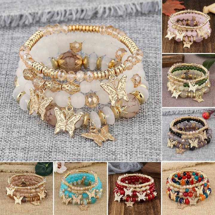 CARAT Butterflies Pendant Elastic Wristband Boho Style Butterfly Beaded Bracelet Set Elastic Wristband Jewelry Gift for Women Women