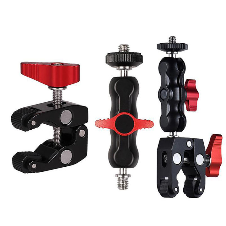 Aluminum Alloy Clamp With Double Ball Head Magic Arm Clamp 1/4'' 3/8'' Hole For Phone Video Mount Camera Monitor LED Light Mic Qingyue
